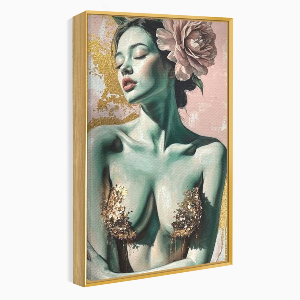 Tablou canvas cu tablou canvas cu femeie si flori roz, in rama de aluminiu auriu